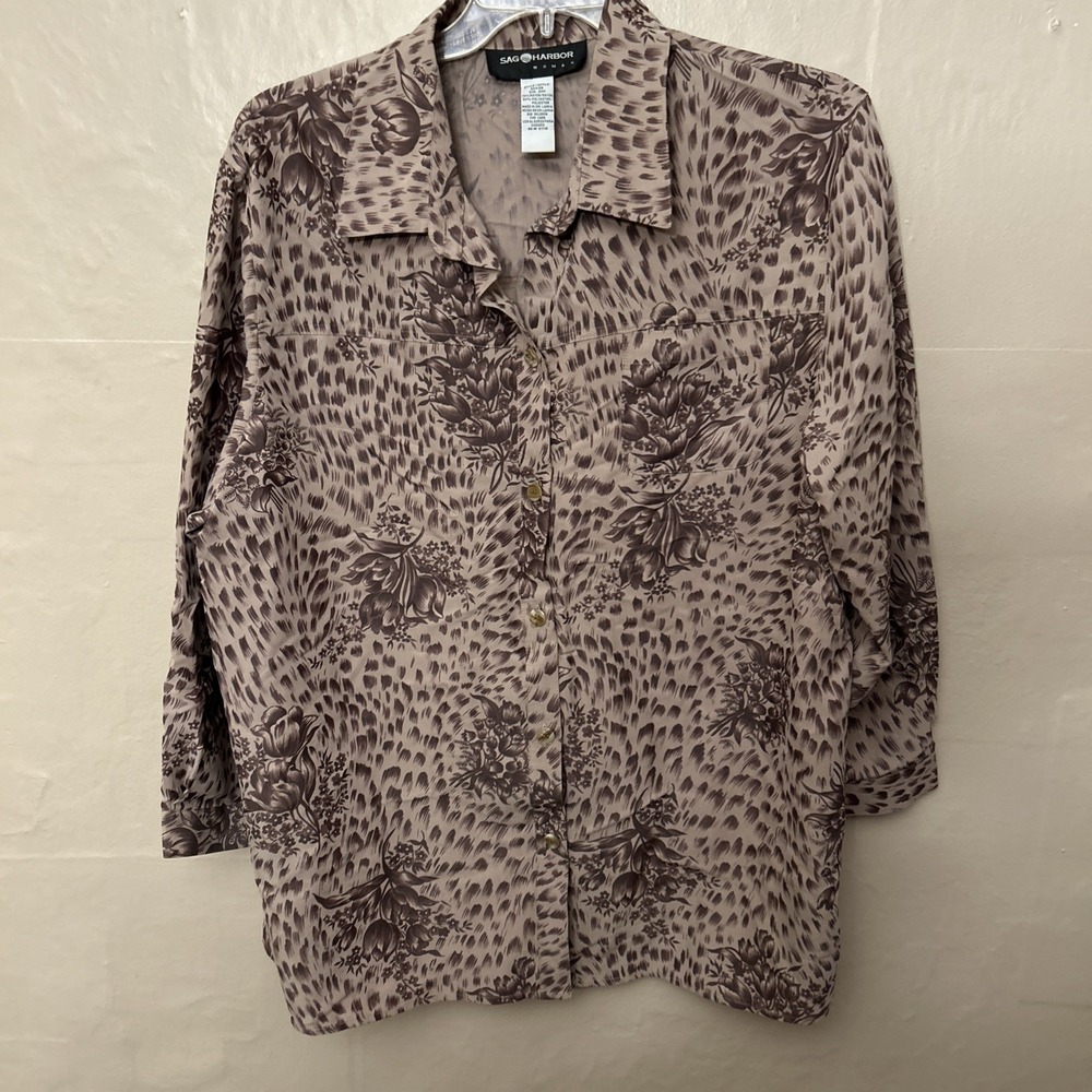 Sag Harbor 20W Brown Floral Blouse Long Sleeve Top